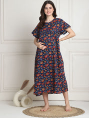 Floral Print Dark Blue Cotton Maternity Nighty Calf Length