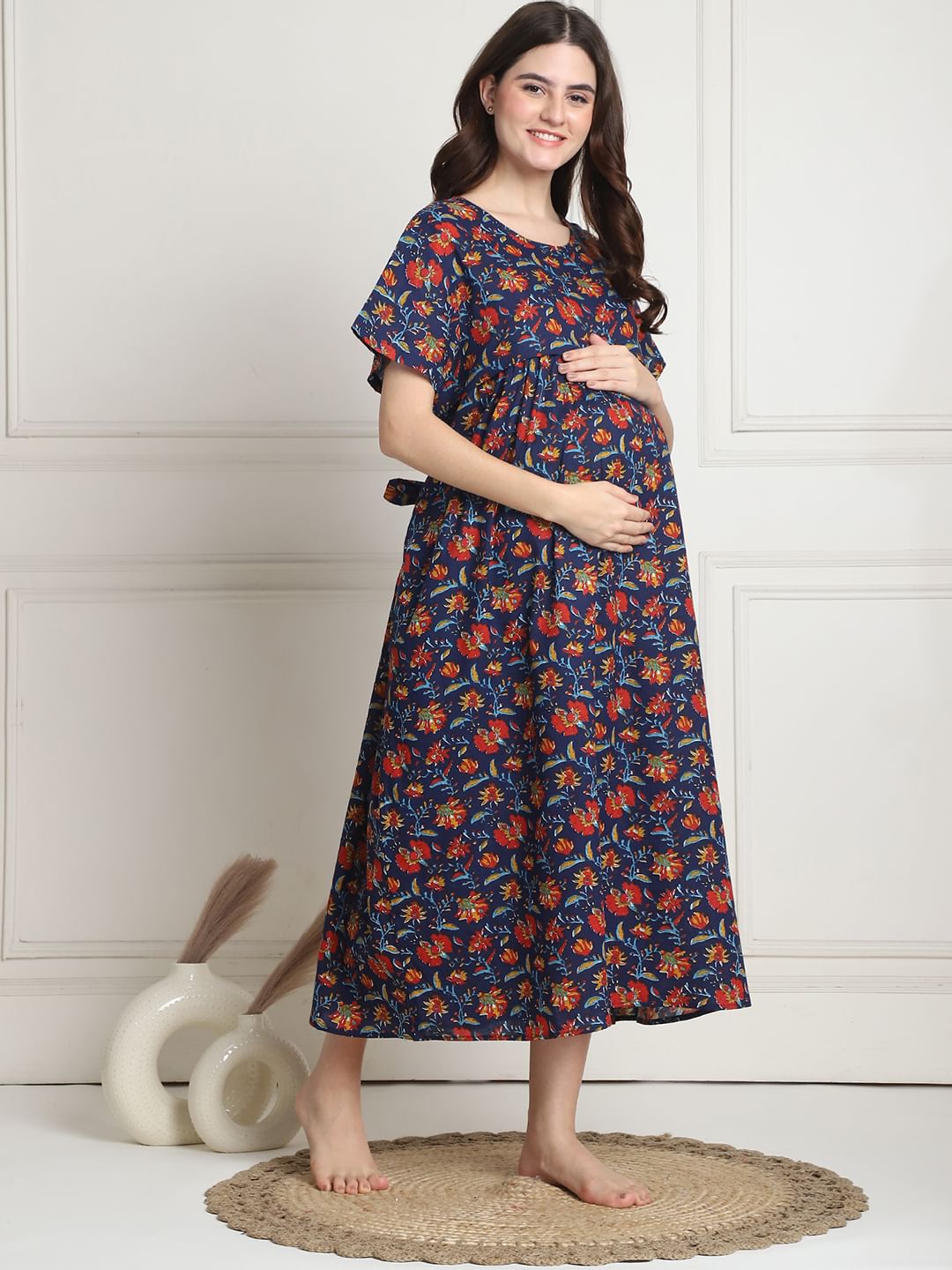 Floral Print Dark Blue Cotton Maternity Nighty Calf Length