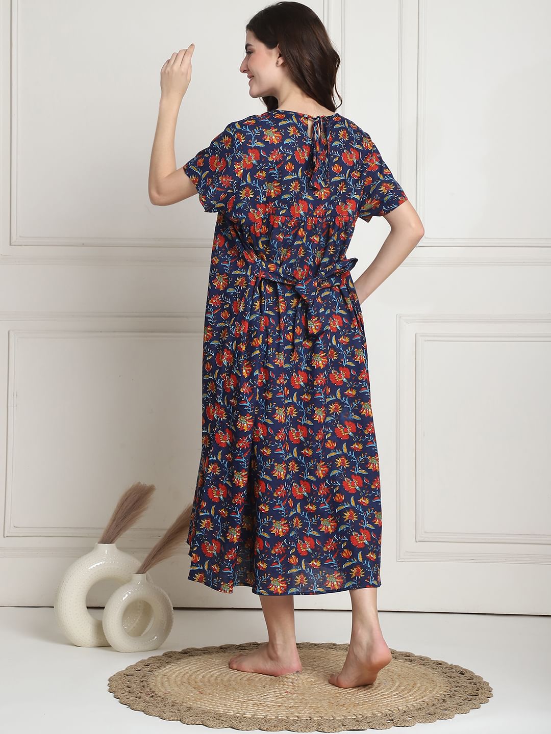 Floral Print Dark Blue Cotton Maternity Nighty Calf Length