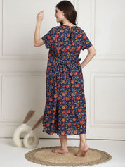 Floral Print Dark Blue Cotton Maternity Nighty Calf Length