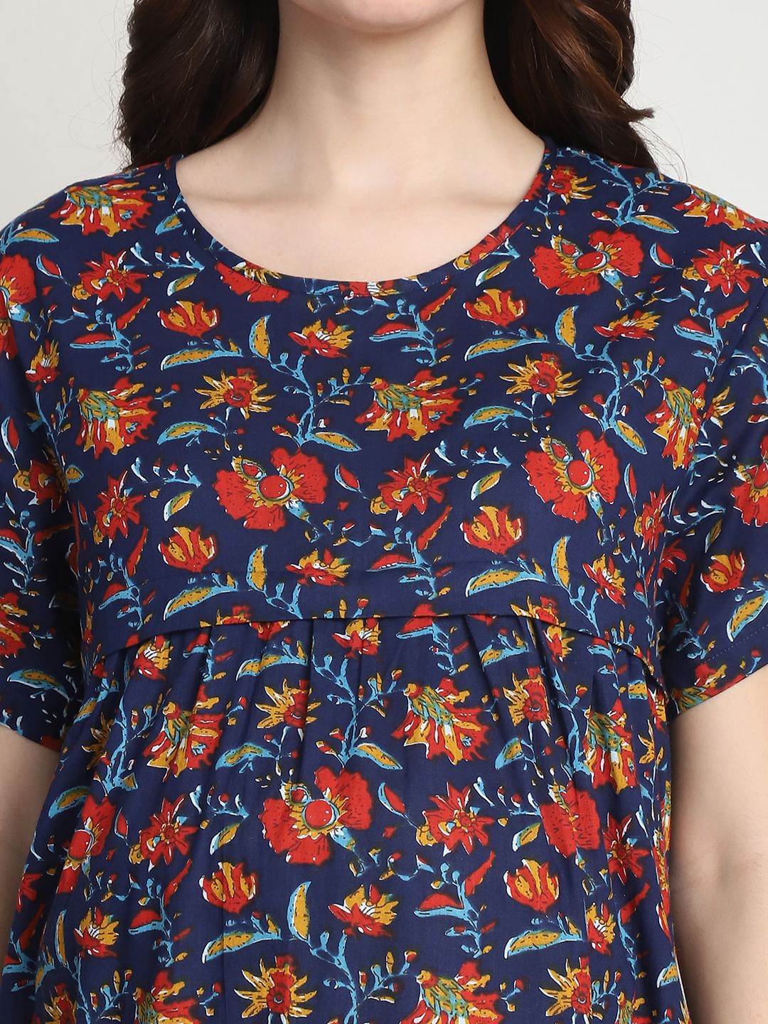 Floral Print Dark Blue Cotton Maternity Nighty Calf Length
