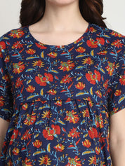 Floral Print Dark Blue Cotton Maternity Nighty Calf Length