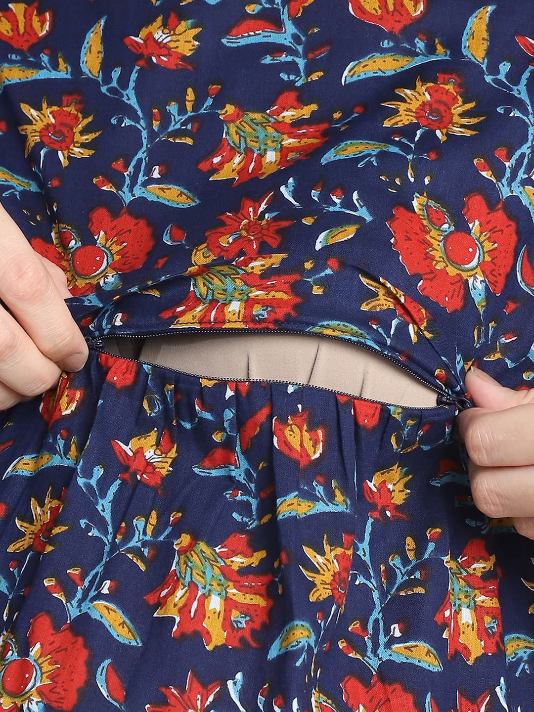 Floral Print Dark Blue Cotton Maternity Nighty Calf Length