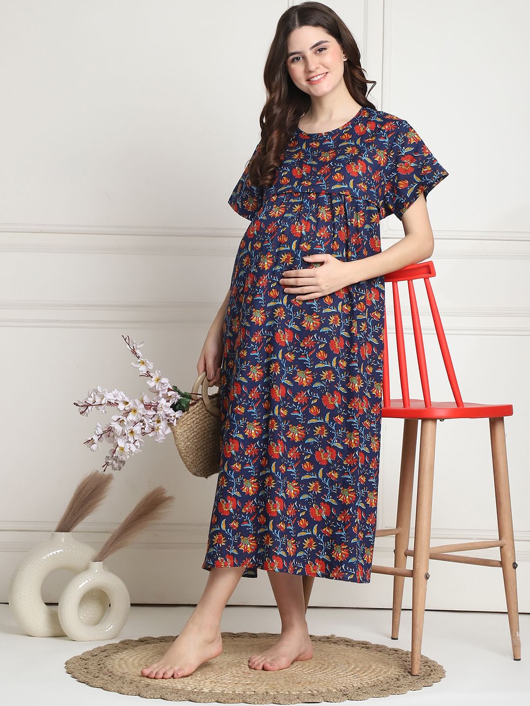 Floral Print Dark Blue Cotton Maternity Nighty Calf Length
