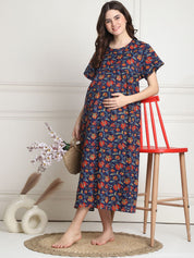 Floral Print Dark Blue Cotton Maternity Nighty Calf Length