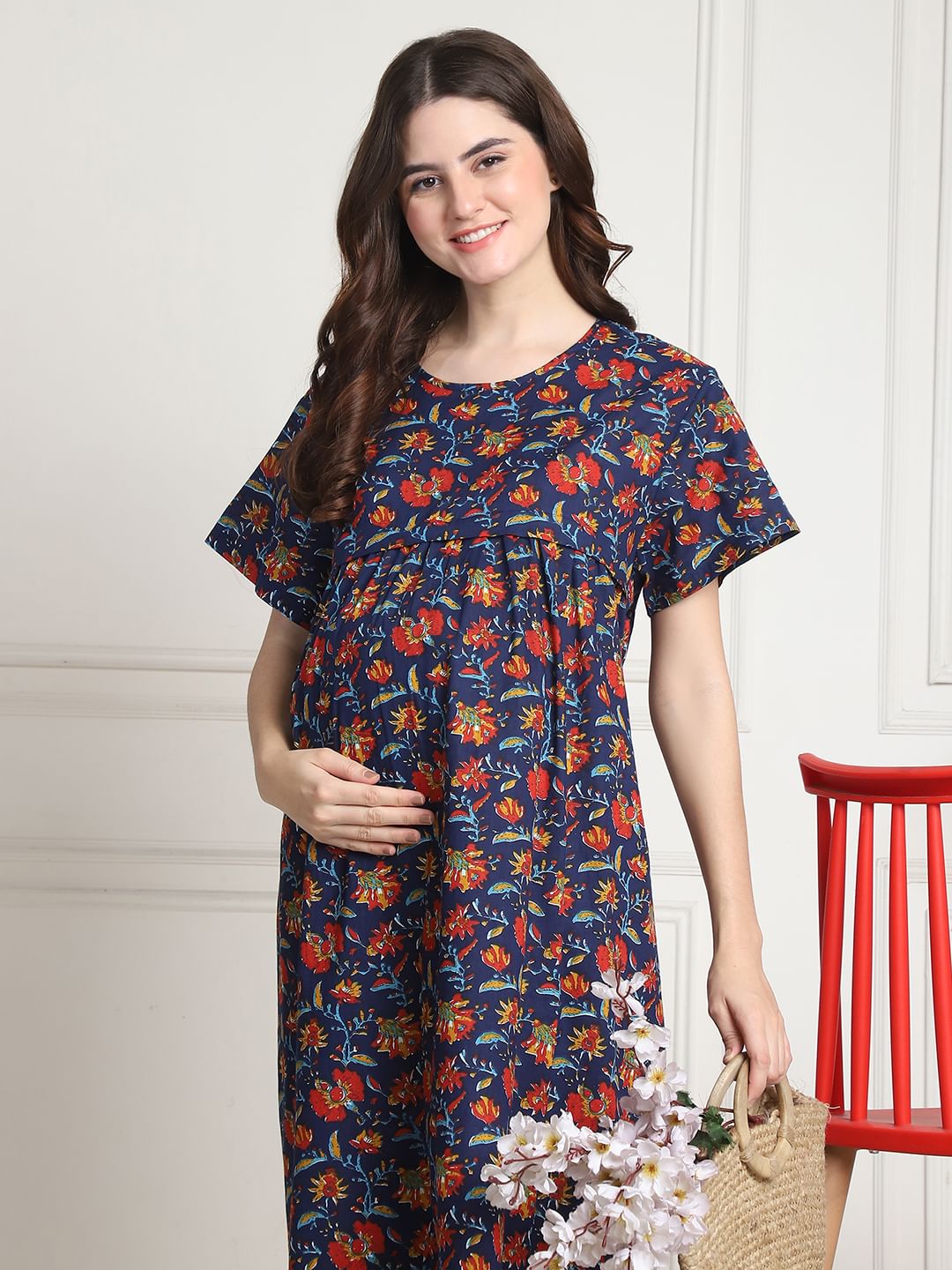 Floral Print Dark Blue Cotton Maternity Nighty Calf Length