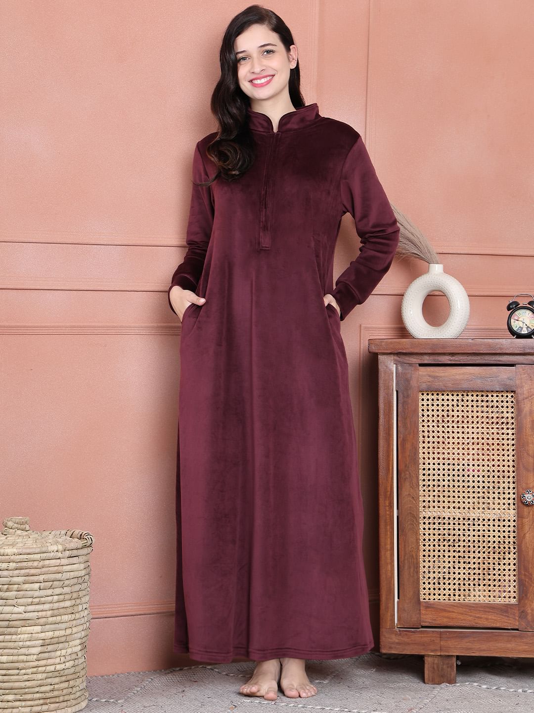 Secret Wish Burgundy Solid Velvet Nighty Full Length