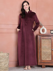 Secret Wish Burgundy Solid Velvet Nighty Full Length