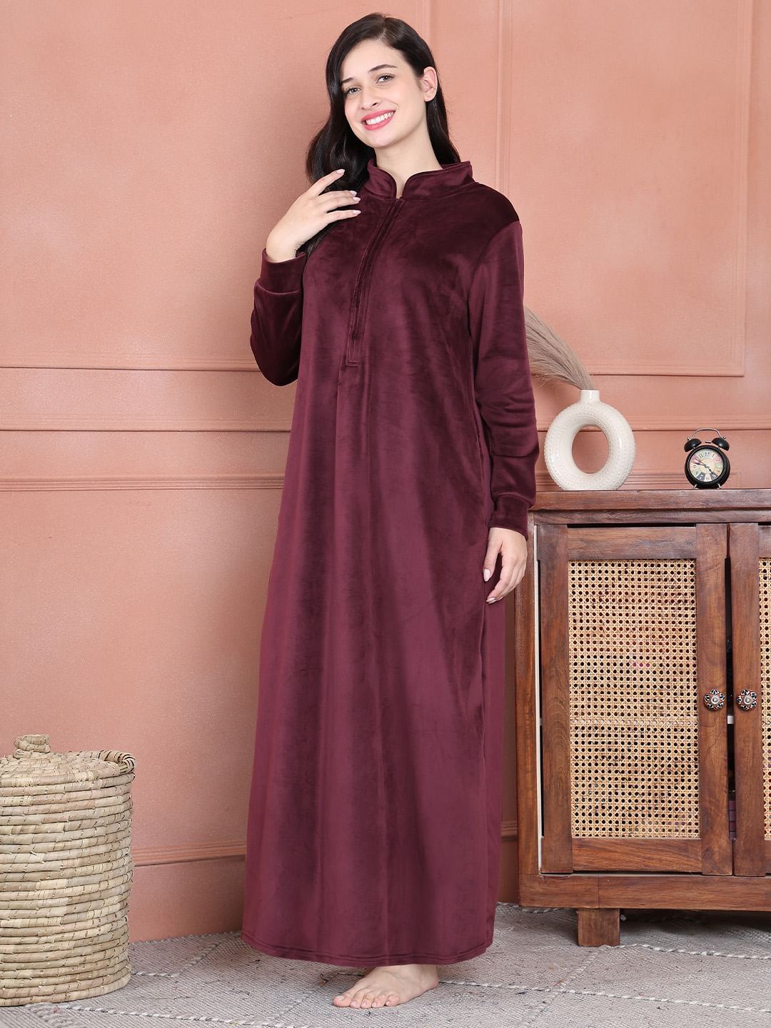 Secret Wish Burgundy Solid Velvet Nighty Full Length