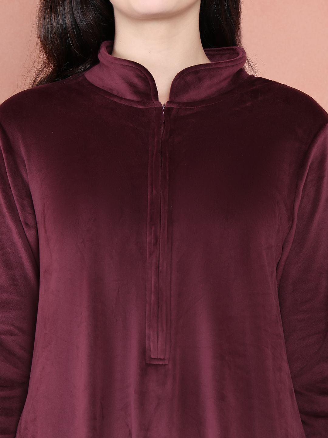 Secret Wish Burgundy Solid Velvet Nighty Full Length