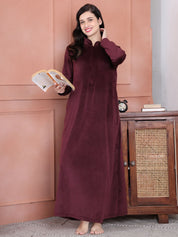 Secret Wish Burgundy Solid Velvet Nighty Full Length