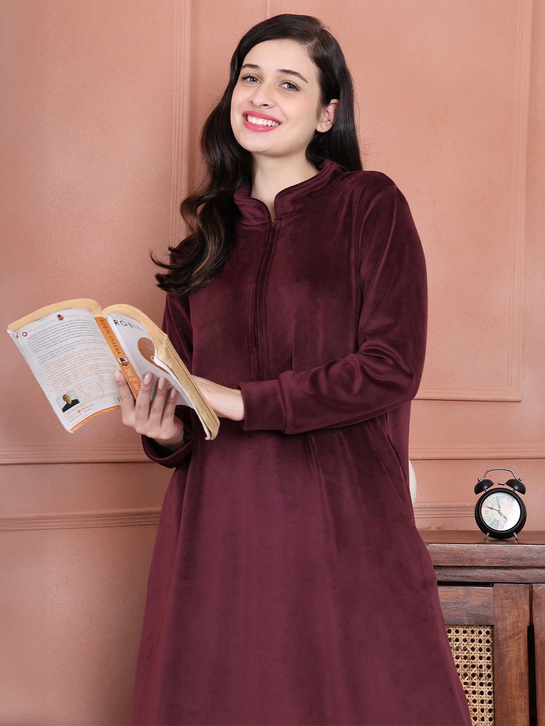 Secret Wish Burgundy Solid Velvet Nighty Full Length