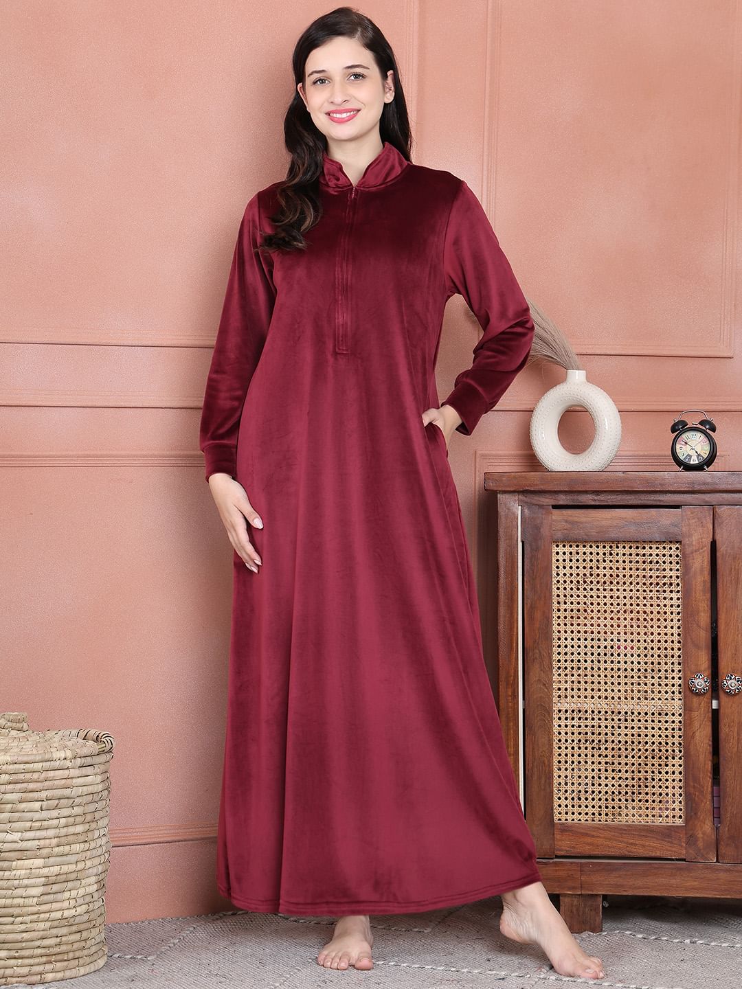 Secret Wish Maroon Solid Velvet Nighty Full Length