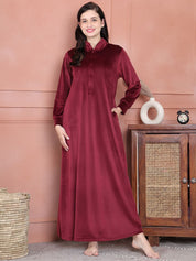 Secret Wish Maroon Solid Velvet Nighty Full Length