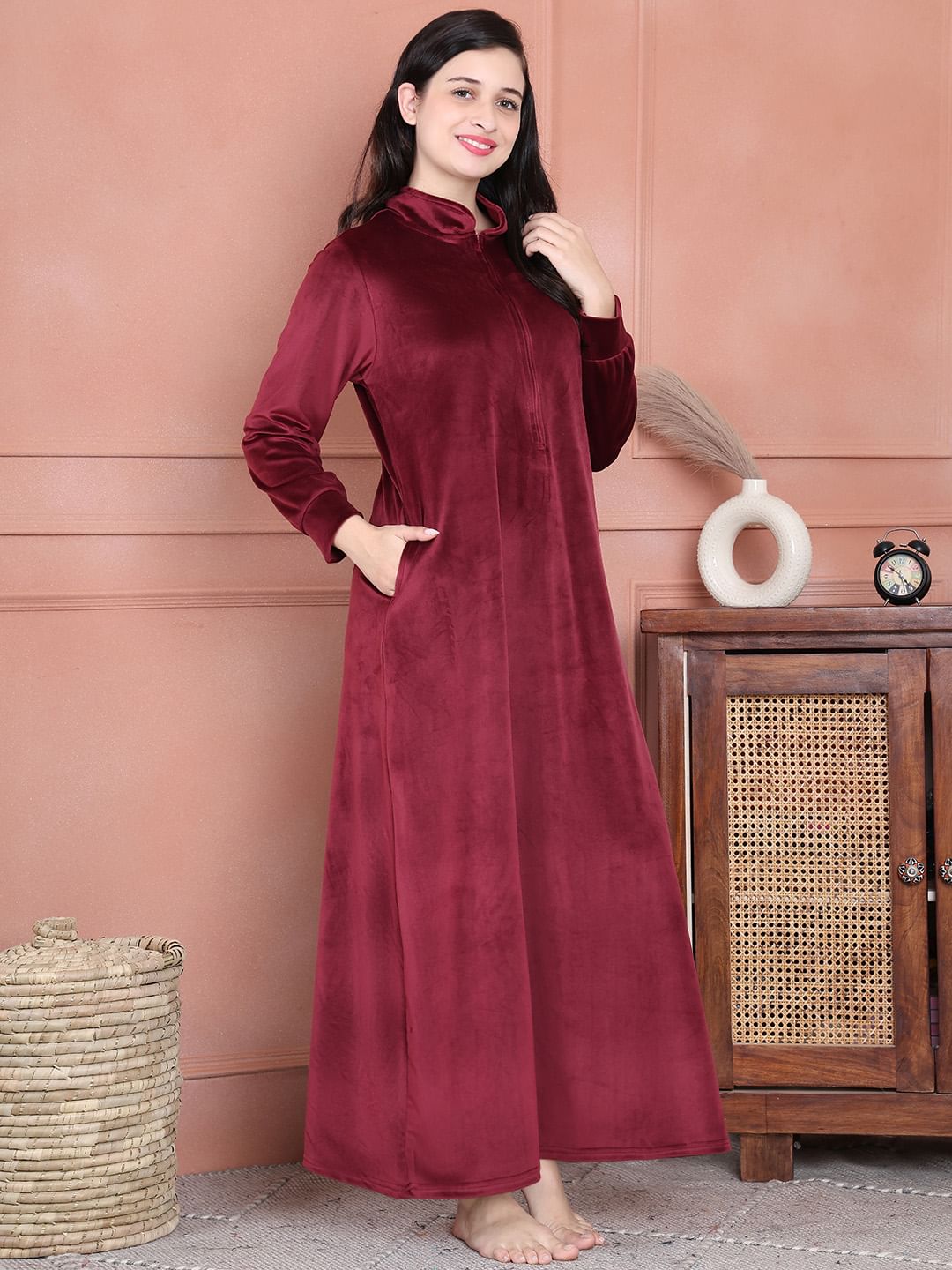 Secret Wish Maroon Solid Velvet Nighty Full Length