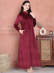 Secret Wish Maroon Solid Velvet Nighty Full Length