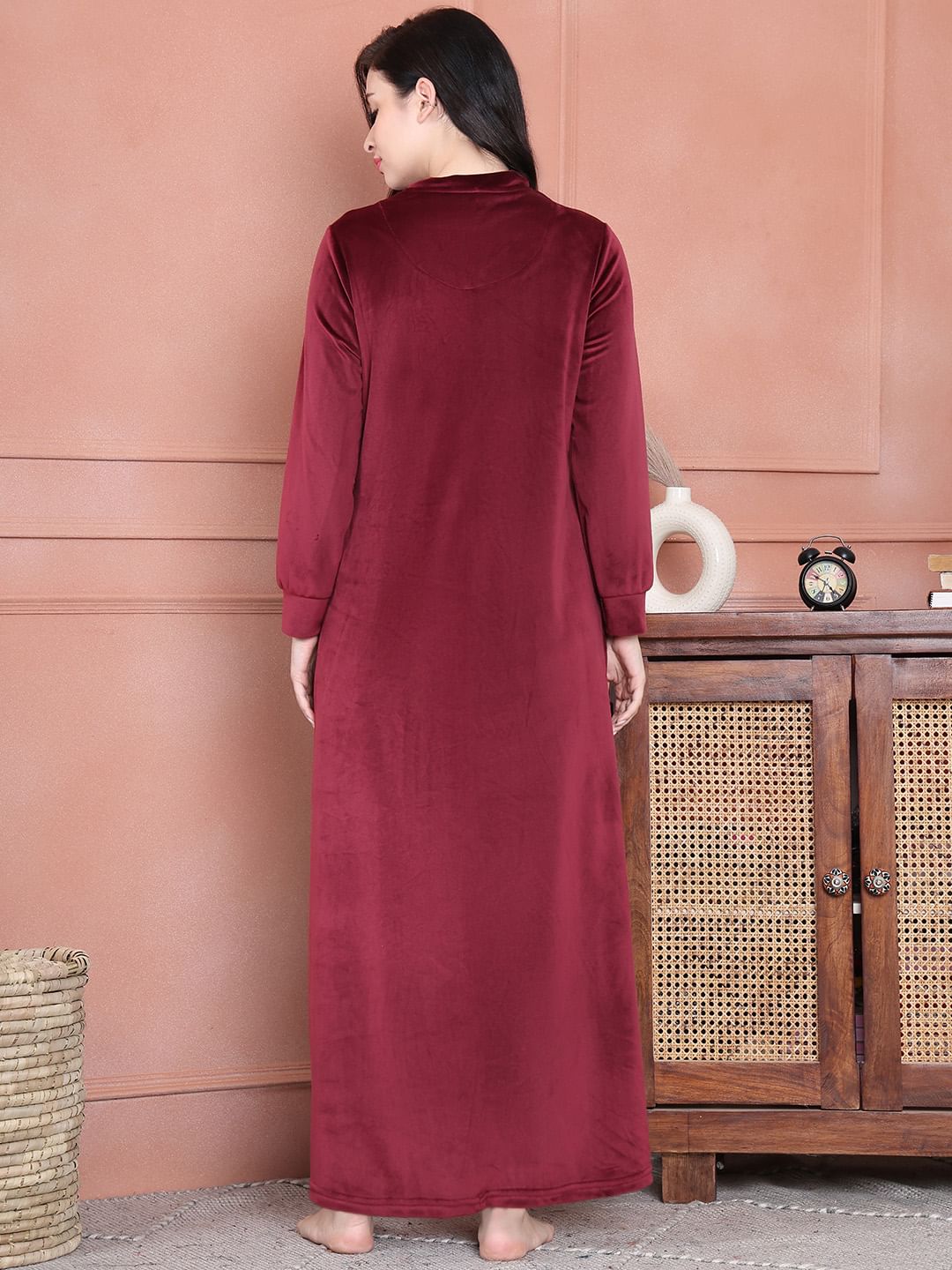 Secret Wish Maroon Solid Velvet Nighty Full Length