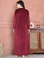 Secret Wish Maroon Solid Velvet Nighty Full Length
