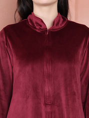 Secret Wish Maroon Solid Velvet Nighty Full Length