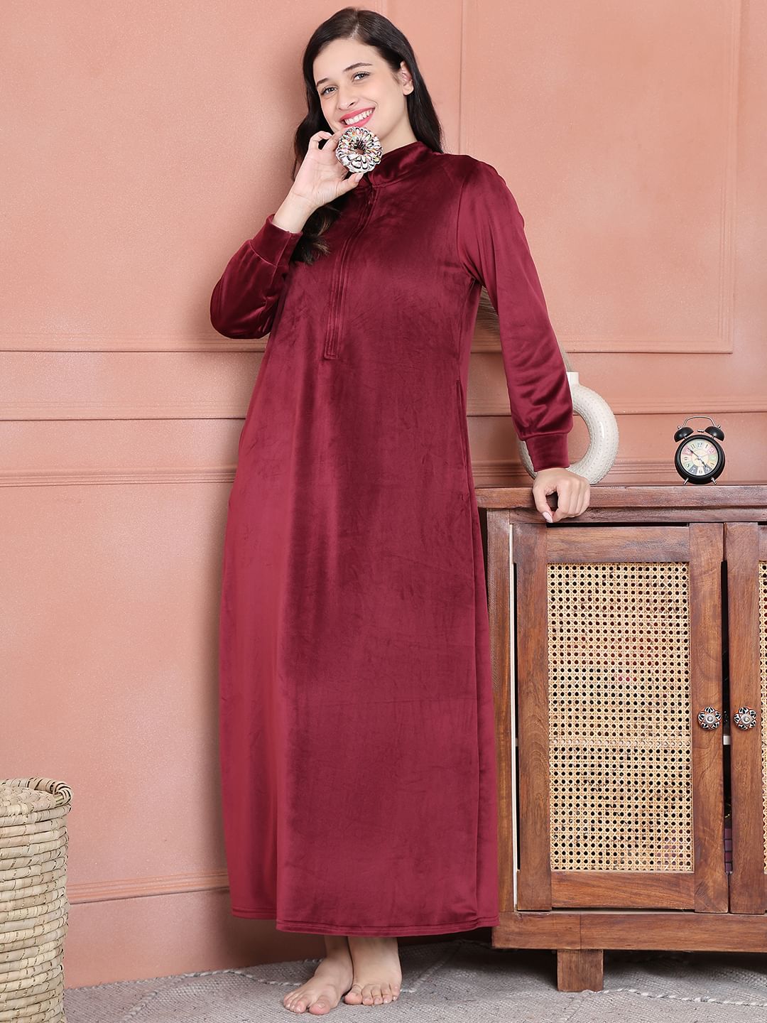 Secret Wish Maroon Solid Velvet Nighty Full Length