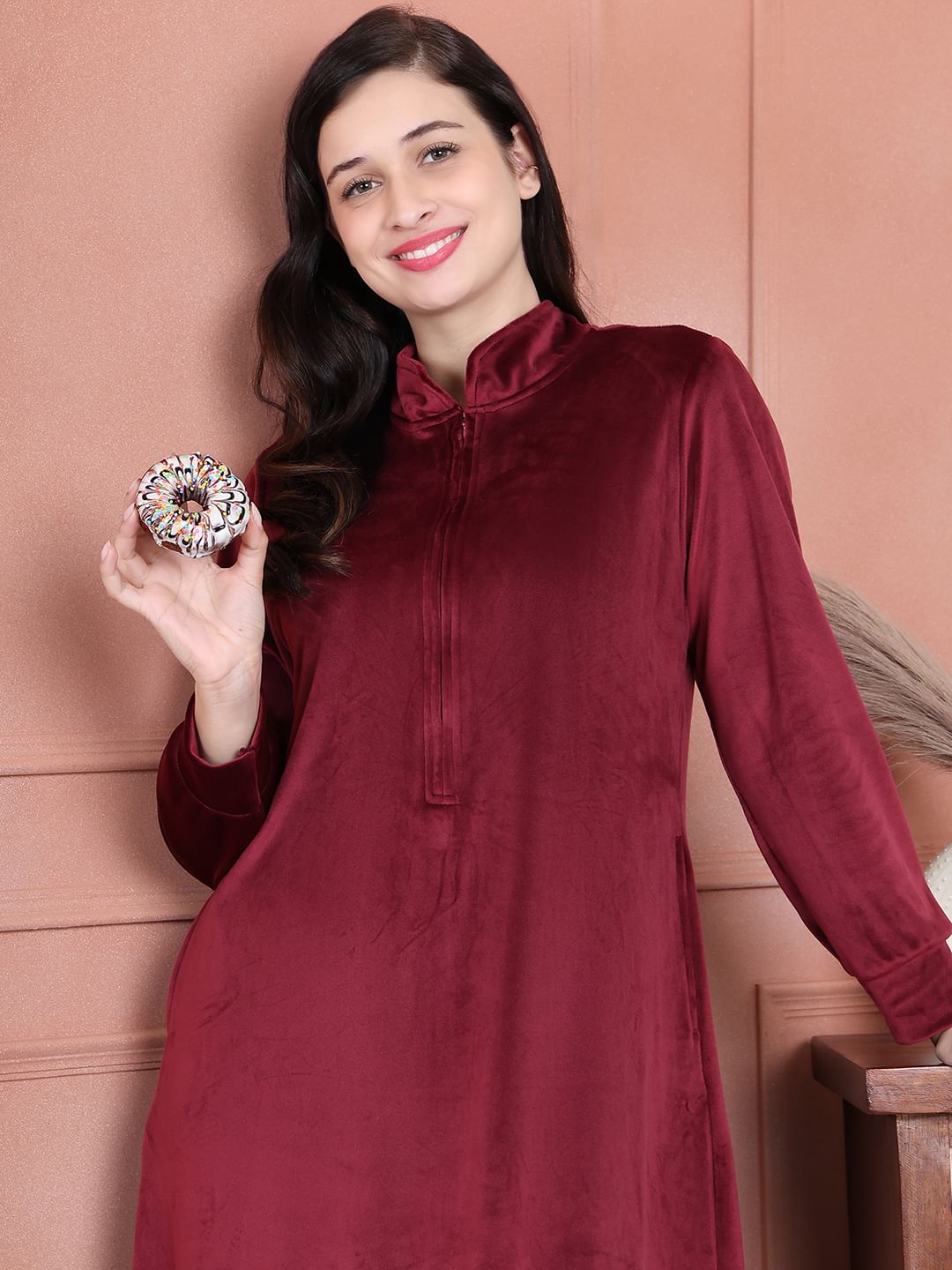 Secret Wish Maroon Solid Velvet Nighty Full Length