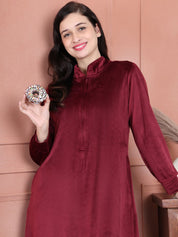 Secret Wish Maroon Solid Velvet Nighty Full Length