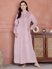 Secret Wish Pink Solid Velvet Nighty Full Length
