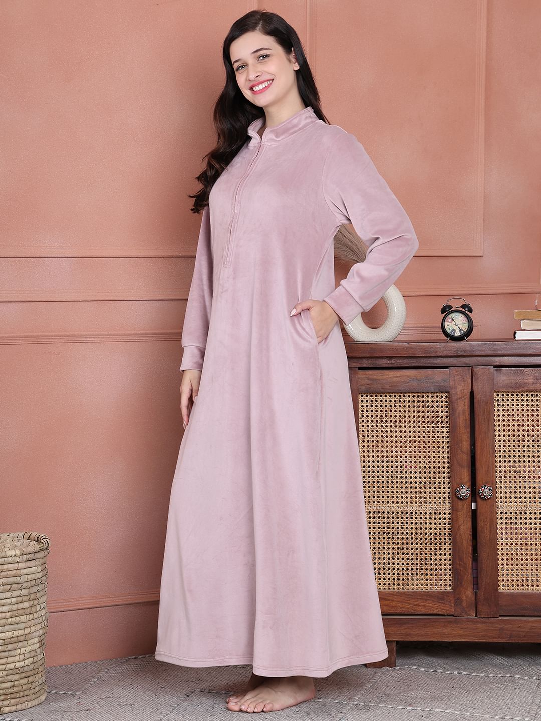 Secret Wish Pink Solid Velvet Nighty Full Length