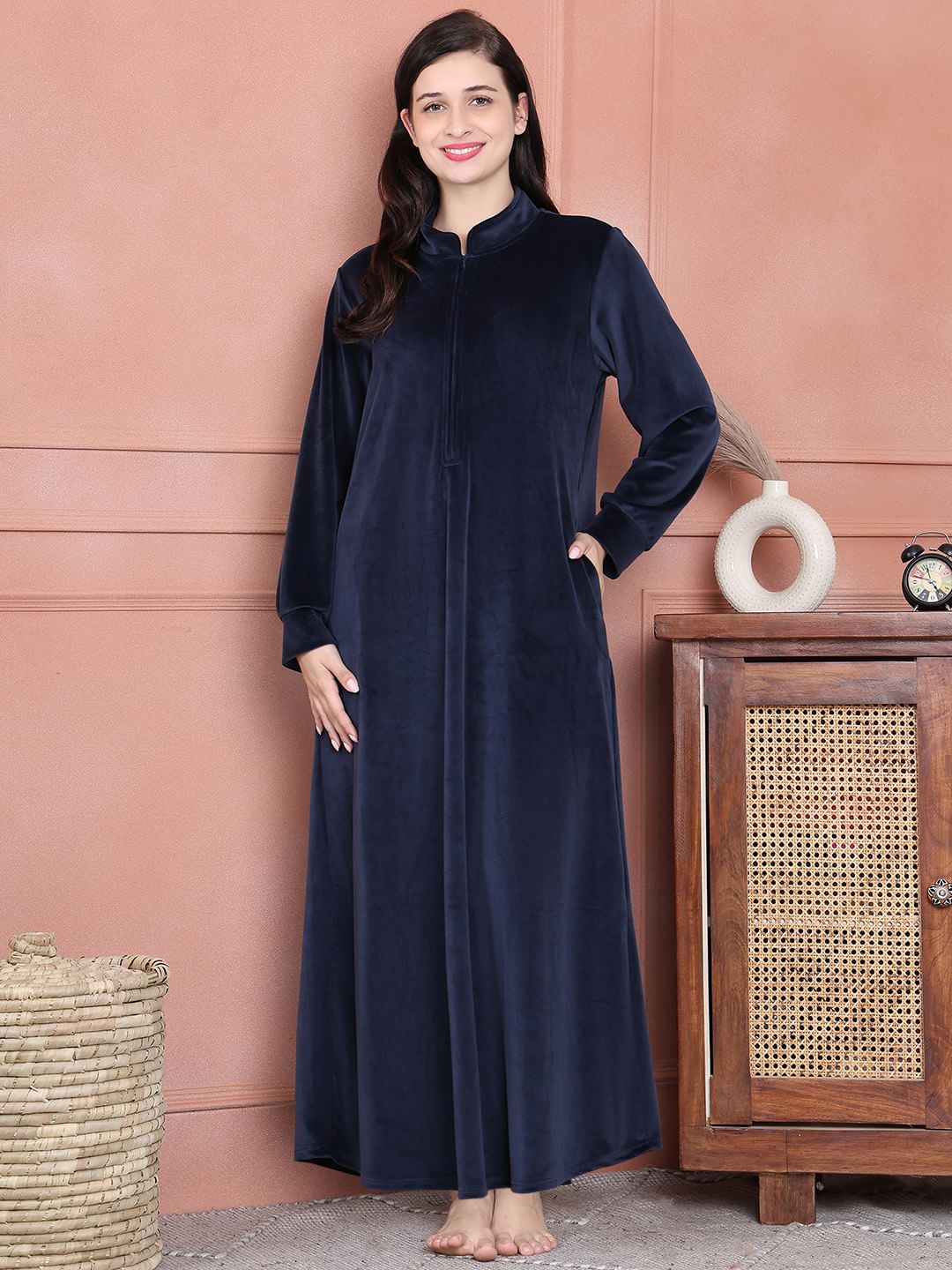 Secret Wish Navy Blue Solid Velvet Nighty Full Length