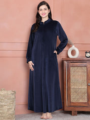 Secret Wish Navy Blue Solid Velvet Nighty Full Length