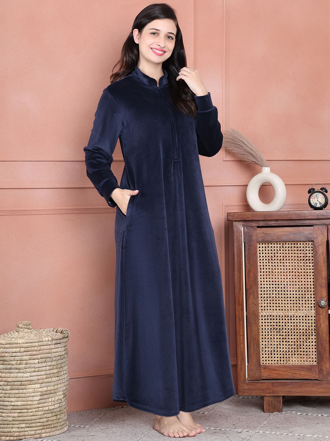 Secret Wish Navy Blue Solid Velvet Nighty Full Length