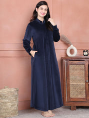 Secret Wish Navy Blue Solid Velvet Nighty Full Length
