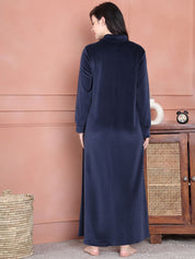 Secret Wish Navy Blue Solid Velvet Nighty Full Length
