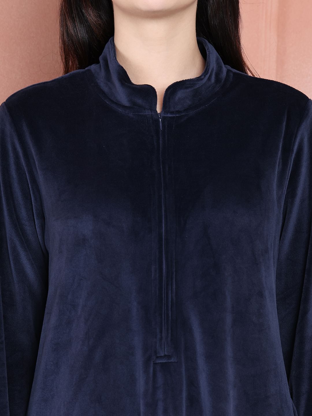 Secret Wish Navy Blue Solid Velvet Nighty Full Length