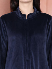 Secret Wish Navy Blue Solid Velvet Nighty Full Length