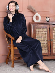 Secret Wish Navy Blue Solid Velvet Nighty Full Length