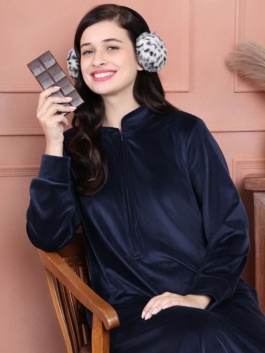 Secret Wish Navy Blue Solid Velvet Nighty Full Length