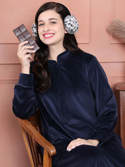 Secret Wish Navy Blue Solid Velvet Nighty Full Length