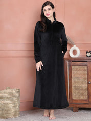 Secret Wish Black Solid Velvet Nighty Full Length