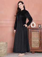 Secret Wish Black Solid Velvet Nighty Full Length