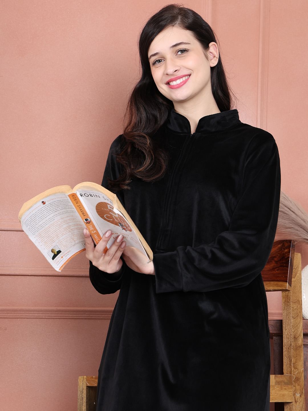 Secret Wish Black Solid Velvet Nighty Full Length