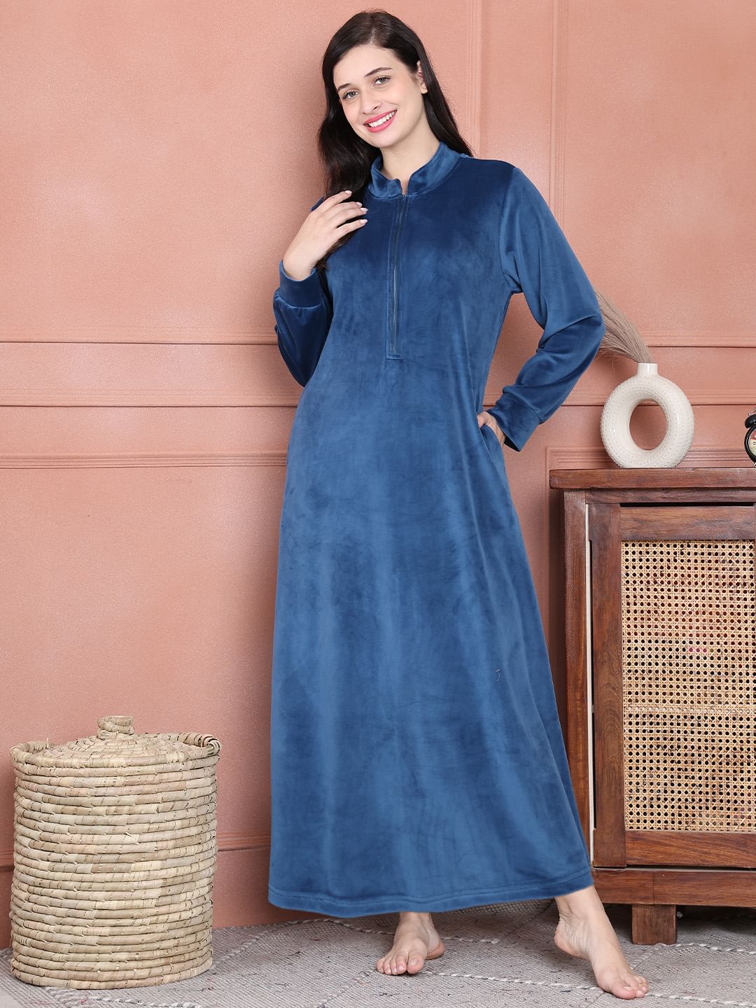 Secret Wish Dark Blue Solid Velvet Nighty Full Length