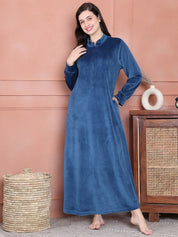 Secret Wish Dark Blue Solid Velvet Nighty Full Length