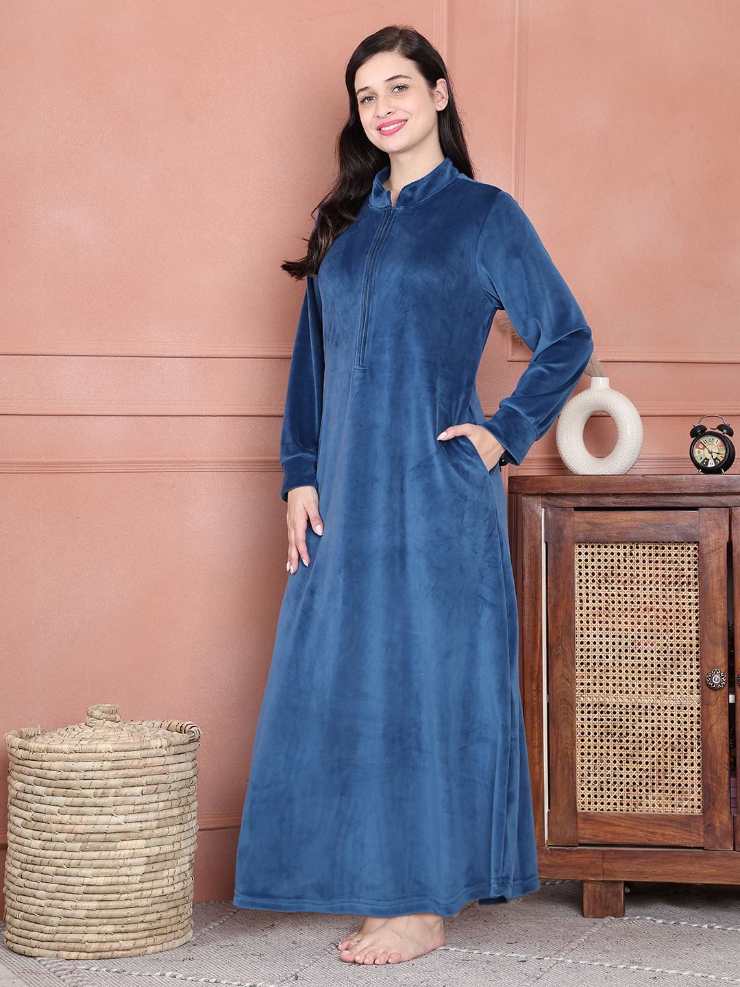 Secret Wish Dark Blue Solid Velvet Nighty Full Length