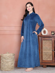 Secret Wish Dark Blue Solid Velvet Nighty Full Length