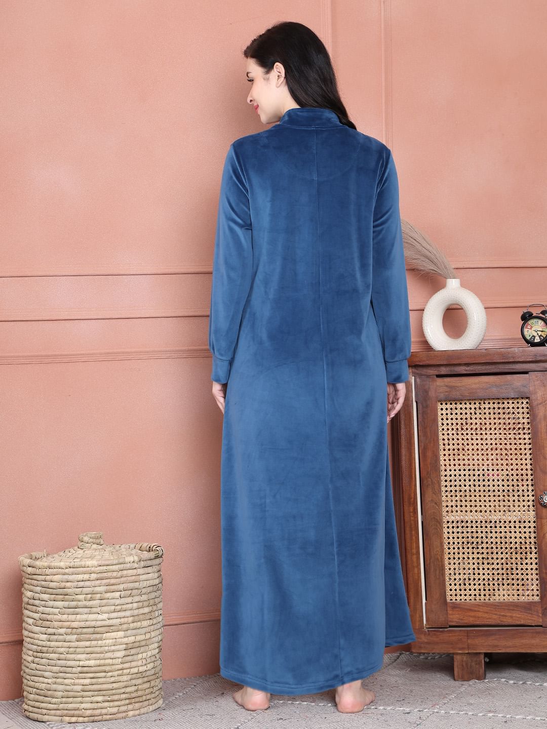 Secret Wish Dark Blue Solid Velvet Nighty Full Length