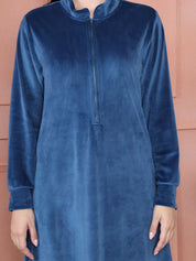 Secret Wish Dark Blue Solid Velvet Nighty Full Length