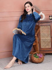 Secret Wish Dark Blue Solid Velvet Nighty Full Length