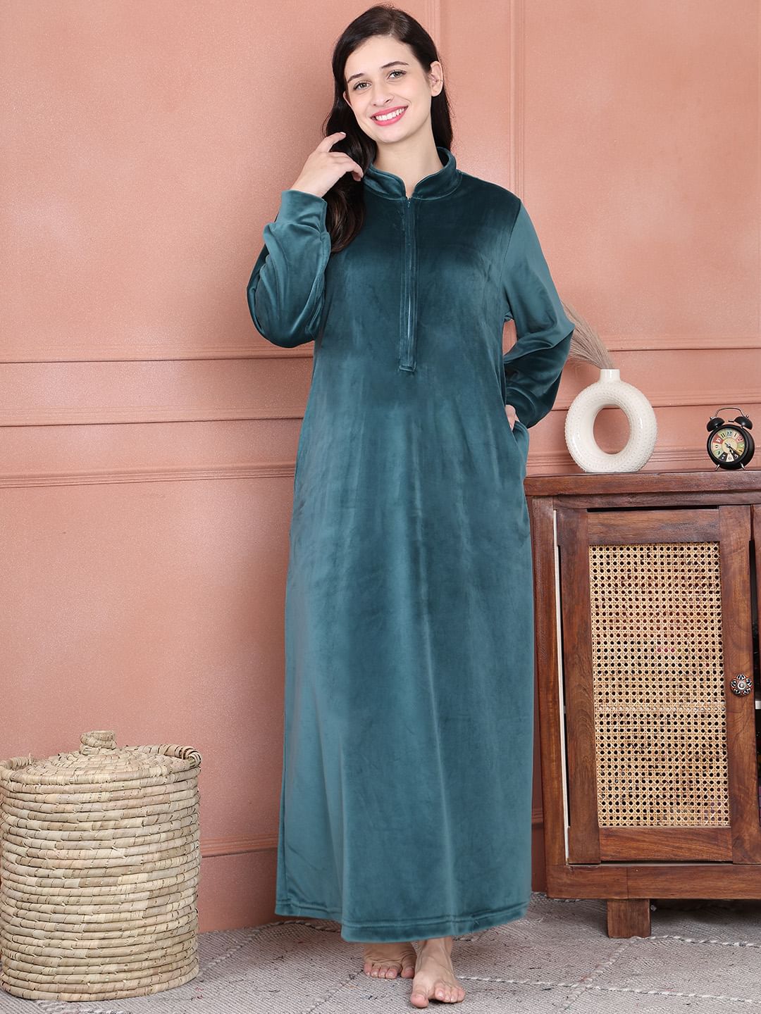 Secret Wish Teal Solid Velvet Nighty Full Length