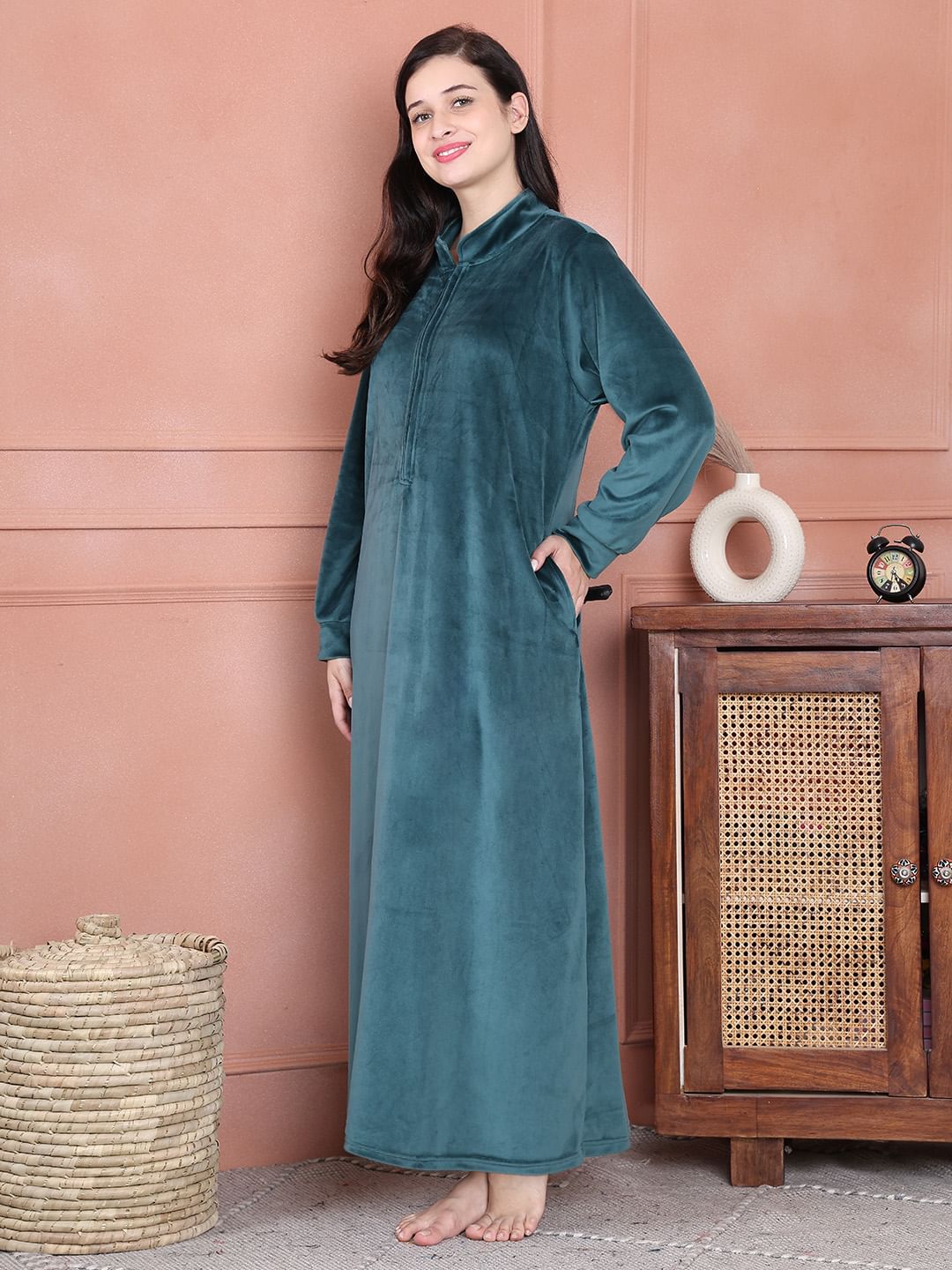 Secret Wish Teal Solid Velvet Nighty Full Length